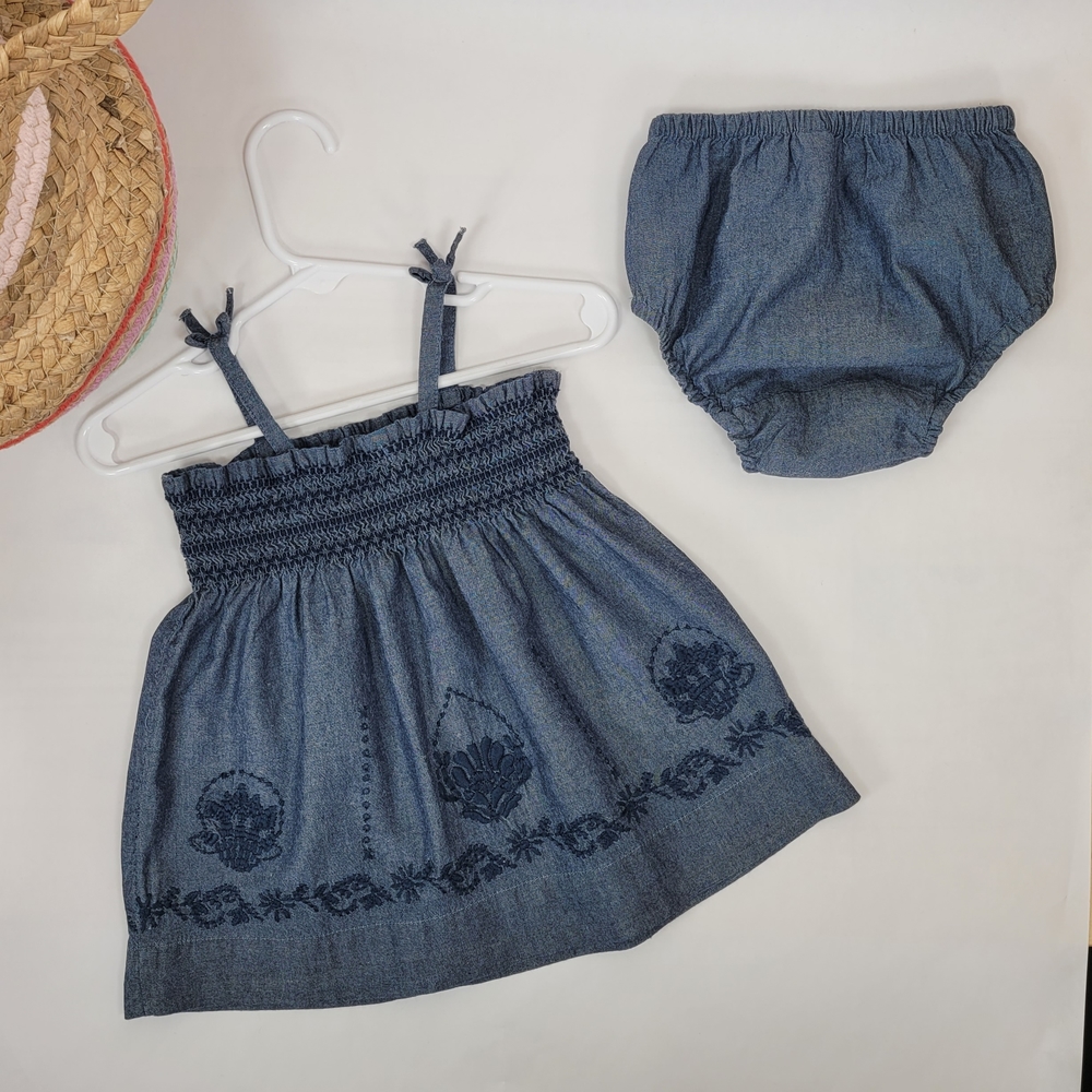 GAP Blue Dress with Smocked Bodice and Floral Hem